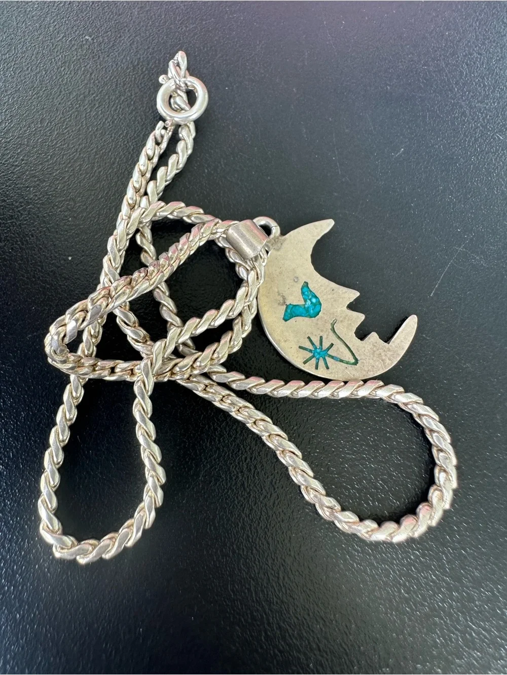 VINTAGE AAB 925 STERLING TURQUOISE MAN IN THE MOON PENDANT 8 inch NECKLACE